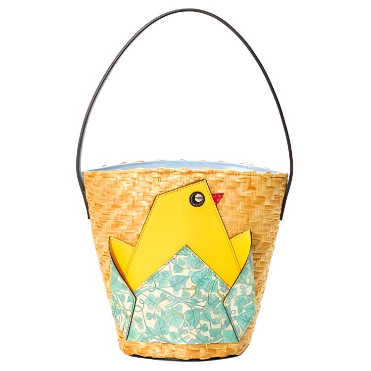 GUCCI Straw Woven Material With Leather Bucket Bag Handbag Kids' Bag Kids' Yellow/Multicolor