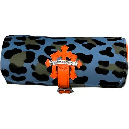 Chrome Hearts With Cow Suede Leather Watch Box Jewelry Box Storage Bag Unisex Leopard Print Blue & Orange