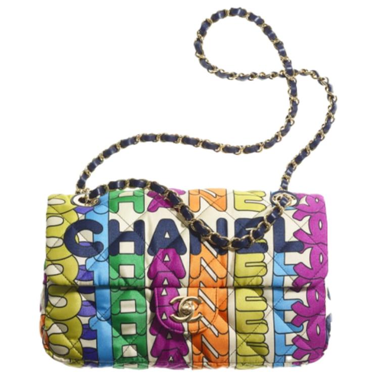 CHANEL 21K Winter Gold Metal Printed Fabric Flap Bag, Handbag, Shoulder Bag, Crossbody Bag Women's Multicolor