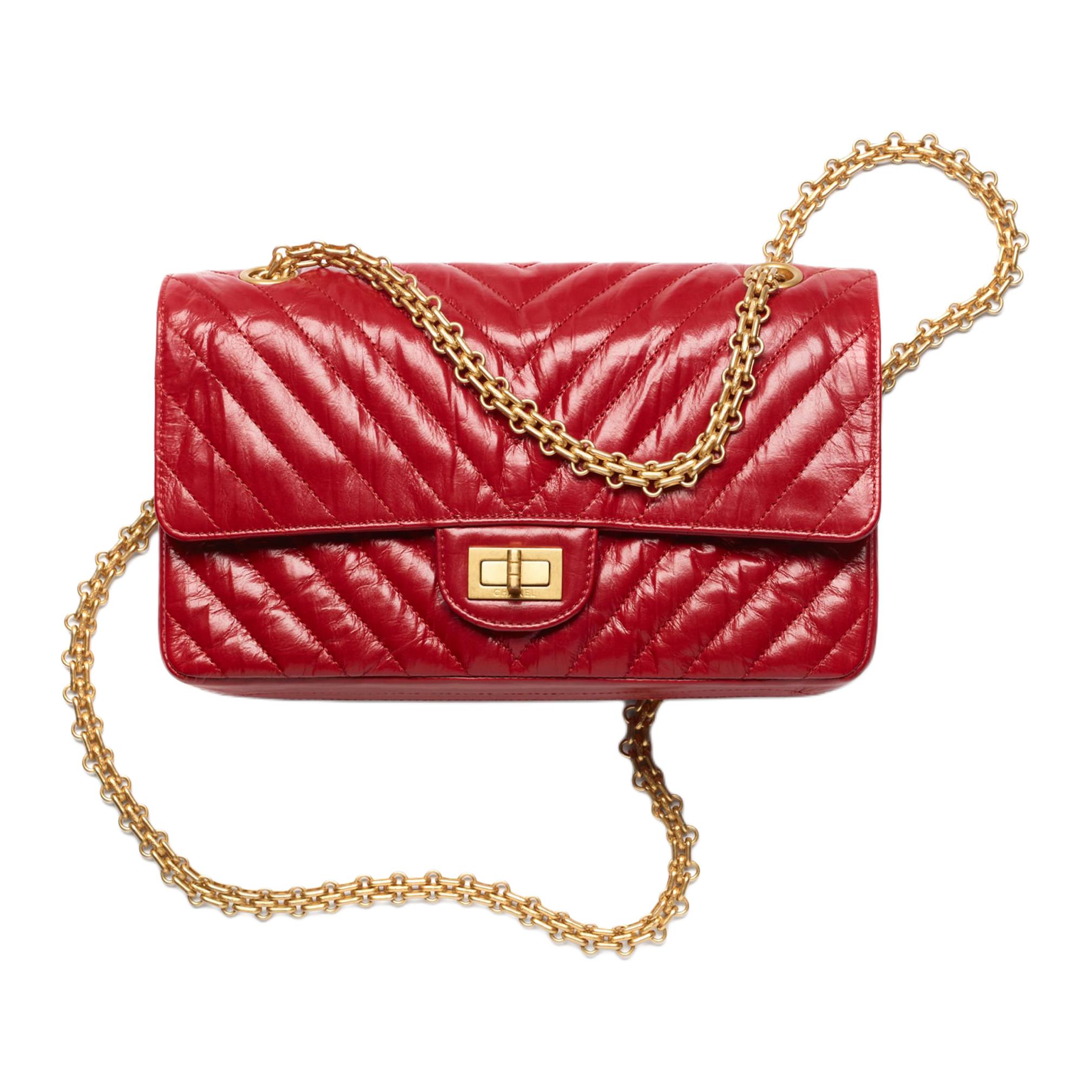 CHANEL 22K Fall Winter 2.55 Bright Pleated Calfskin Shoulder Bag, Crossbody Bag Women's Red