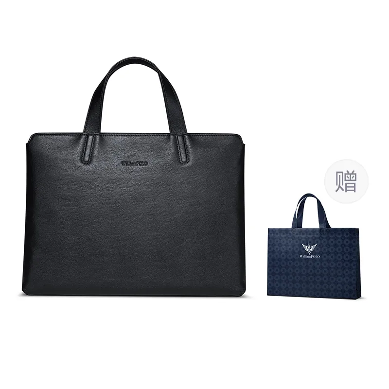 WilliamPOLO Top Grain Cow Leather Briefcase, Handbag Medium Men's Black