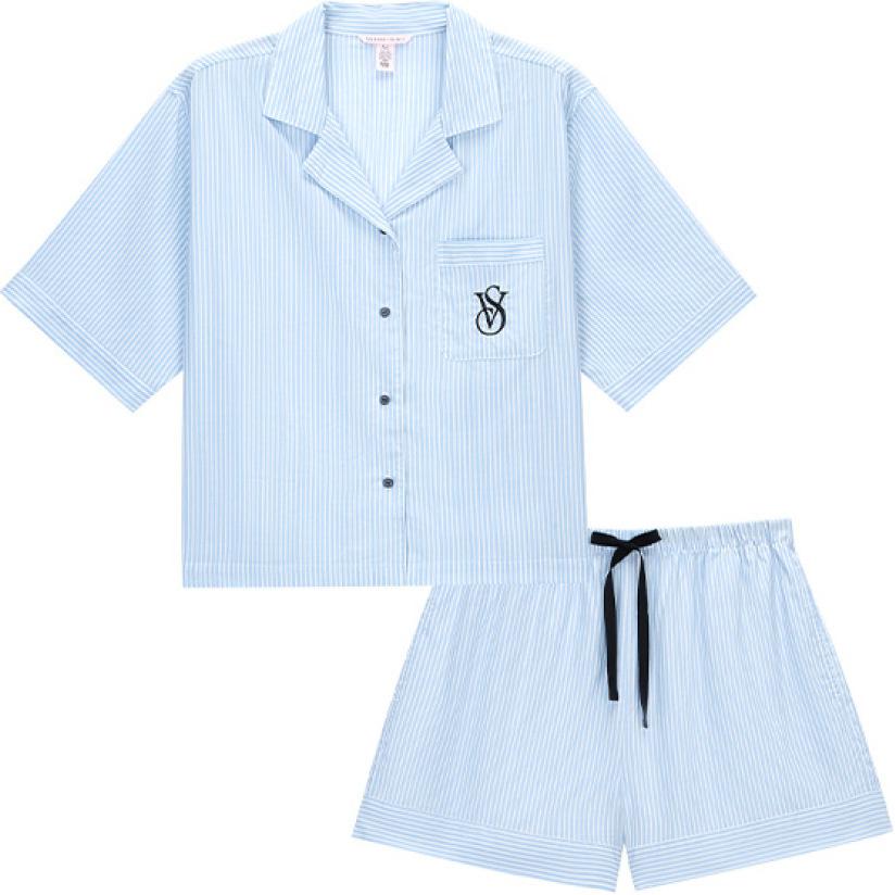 Victoria's Secret Victoria's Secret Choice Staycation Series Tencel soft LOGO printed silhouette, lazy and casual, light and cool, short-sleeved shorts, home pajamas set, women's style, blue and white stripes