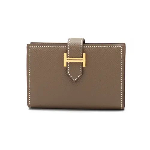 HERMES Bearn Gold tone Lock Epsom Calfskin Wallet Mini Women's 18 Etoupe Elephant Gray