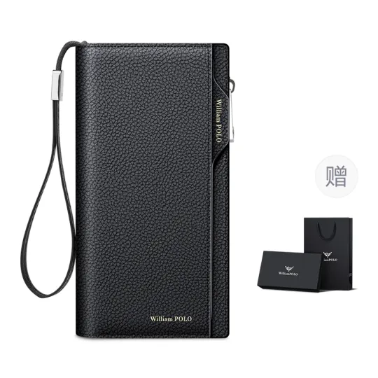 WilliamPOLO Top Grain Cow Leather, Genuine Leather Long Wallet Coin Purse Men's Black/Coffee