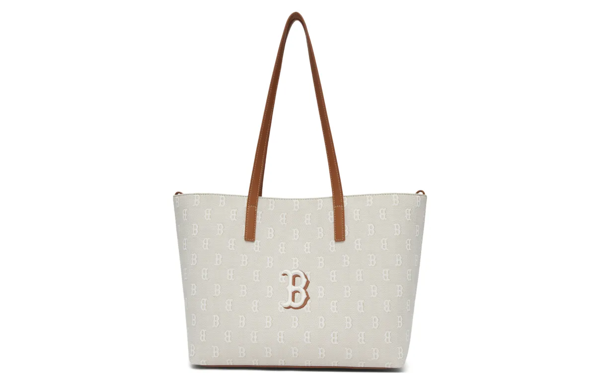 MLB Monogram Collection Boston Red Sox Cotton Shoulder Bag, Tote, Laptop Bag, Students Women's Light Beige