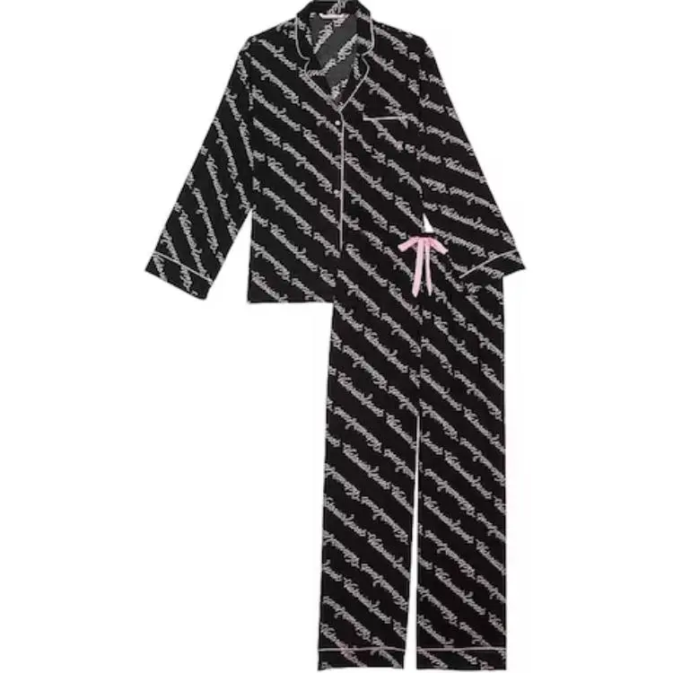 Victoria's Secret Flannel Long Pajama Set/Black Ribbon Script Pajama Set Women's Black