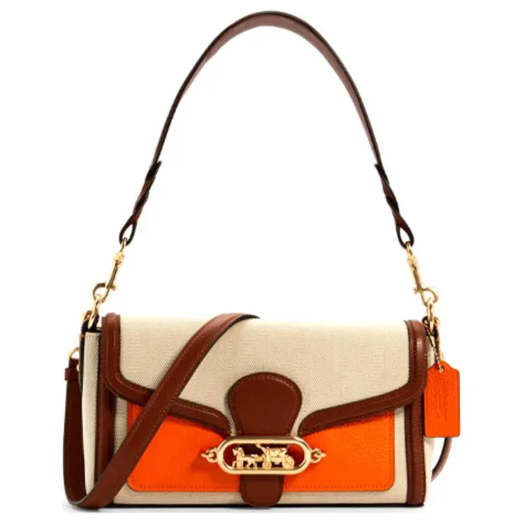 COACH Jade Canvas With Pebble Texture Leather Shoulder Bag, Portable Crossbody Bag Medium Women's Beige & Brown Orange