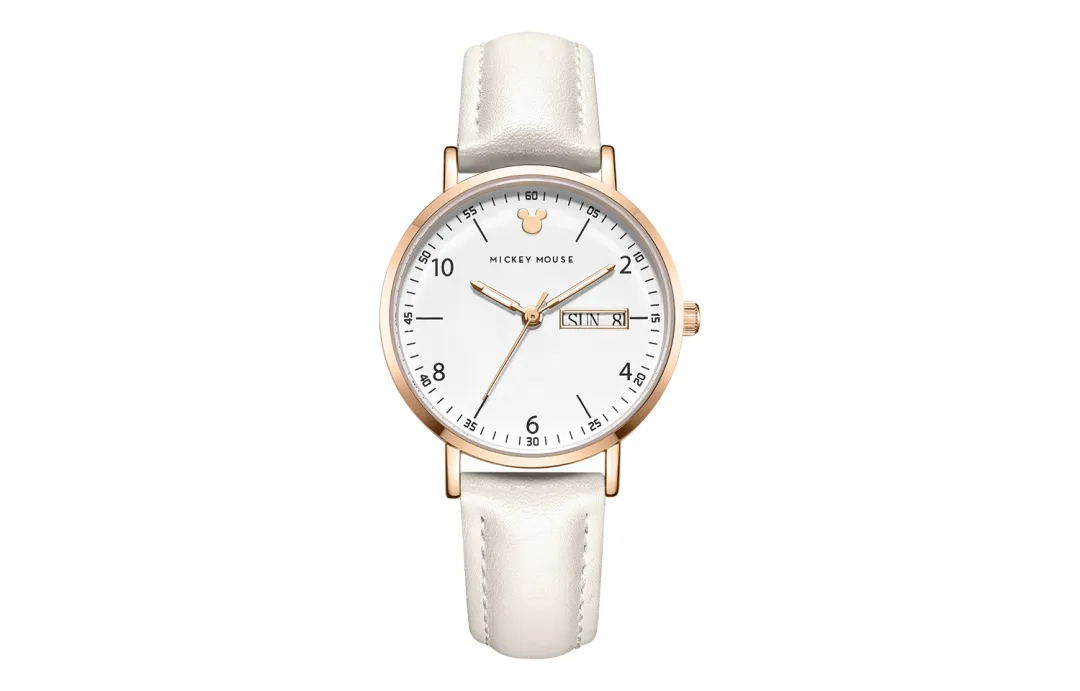 Disney Mickey Mouse Quartz Movement Leather Strap Watch Women's Watch White Dial