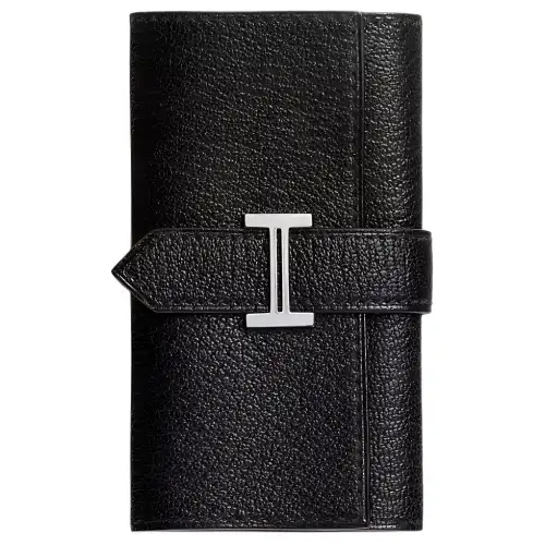 HERMES Bearn Silver Tone Buckle Mysore Goat Skin Key Pouch Unisex Black