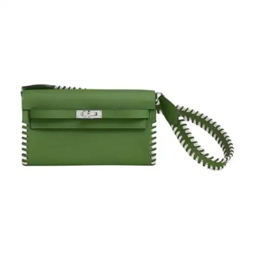 HERMES Kelly To Go Silver Tone Buckle Epsom Leather Crossbody Wallet Regular Women's Green