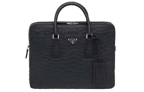 PRADA Saffiano Briefcase Ostrich Leather Handbag Men's Black