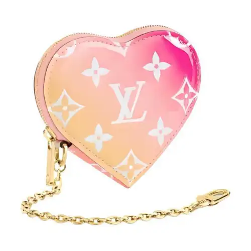 LOUIS VUITTON Glossy Finish Calfskin Heart Shaped Bag Wallet Coin Purse Women's Orange & Pink