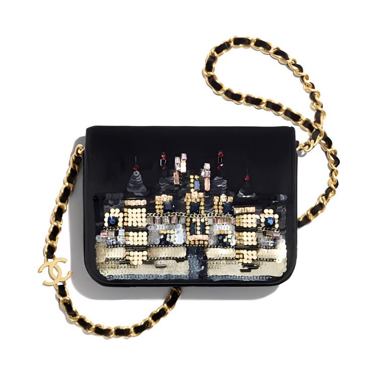CHANEL Soft Woolen, Embroidery Velvet Flap Coin Purse Shoulder Bag Women's Black