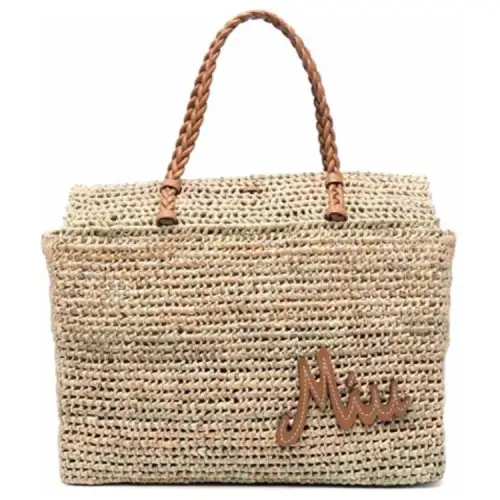 MIU MIU Leather With Raffia Handbag Women's Nude