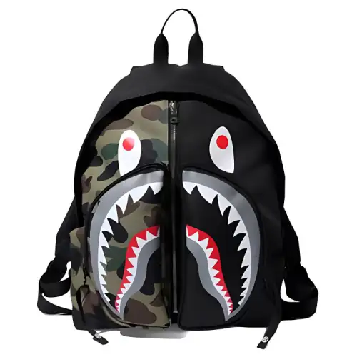 A BATHING APE 1St Camo Shark Day Pack Series Green Camouflage Splicing Black Bottom Polyester (Polyester Fiber) School Bag Backpack Backpack Regular Men and Women Couple Style Black