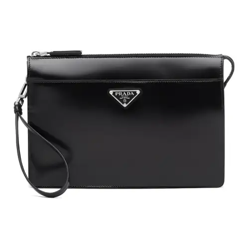 PRADA Saffiano Shiny Leather Clutch Men's Black