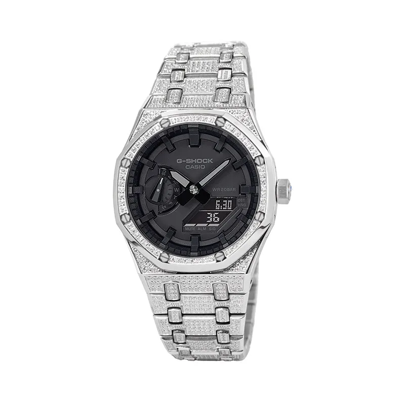 CASIO Custom Collection GA 2100 Electronic Movement Metal Strap Watch Unisex Black Dial