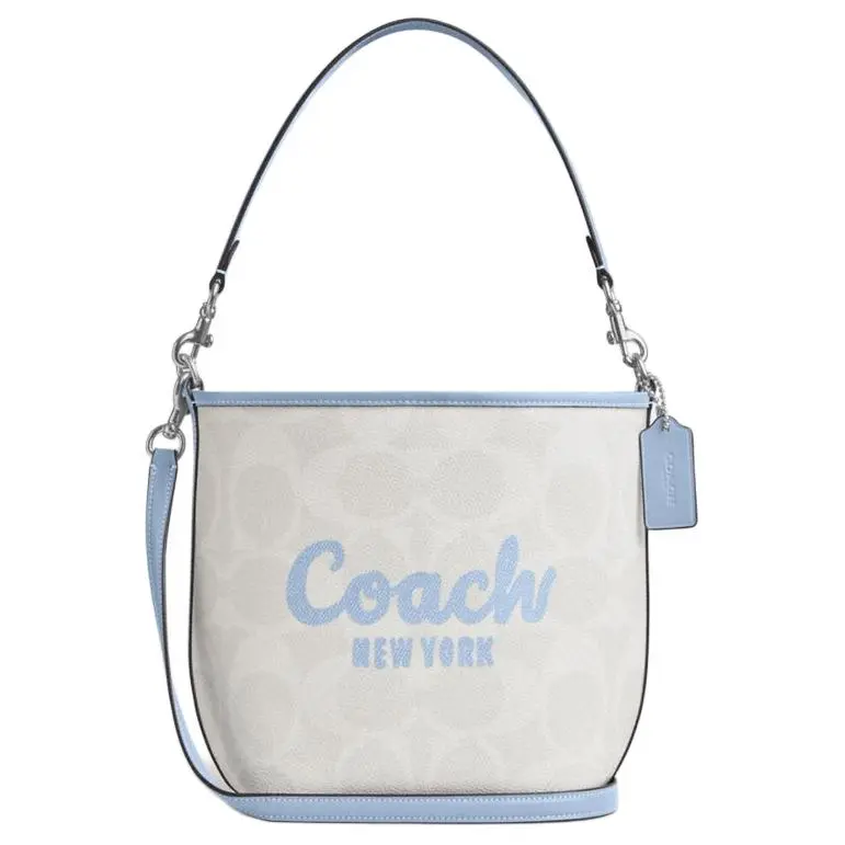 COACH Coated Canvas Bucket Bag, Shoulder Bag, Crossbody Bag, Handbag Small Women's Glacier White & Blue