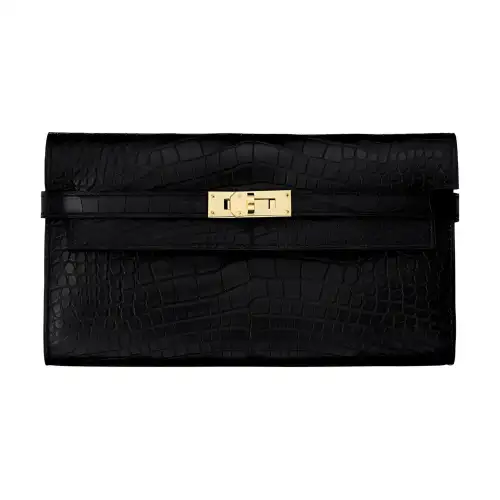 HERMES Gold tone Lock Matte Crocodile Leather Wallet Women's 89 Noir Black