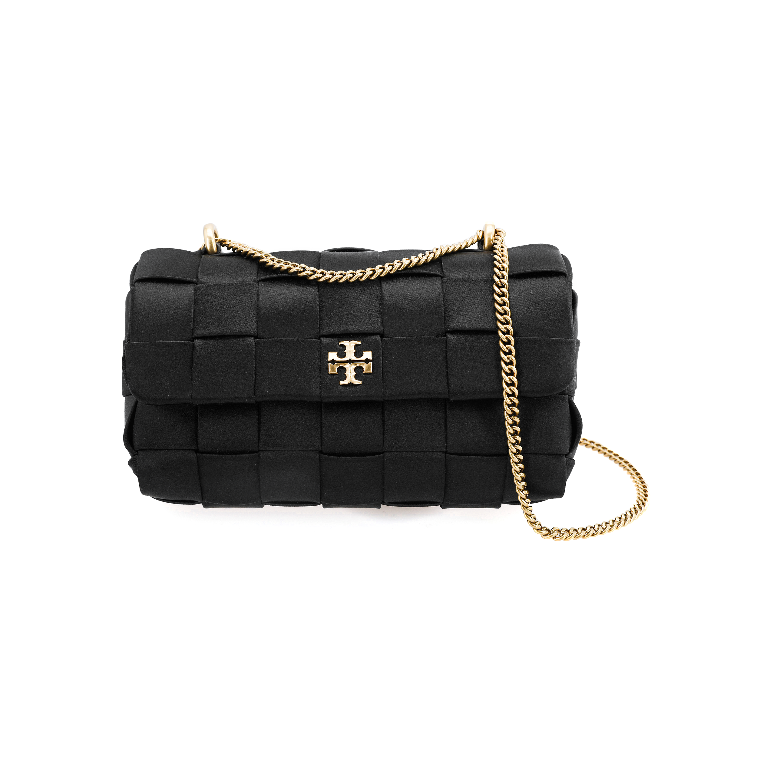 TORY BURCH Kira is cleverly paired with the iconic beveled double TLogo magnetic buckle flap closure woven satin and leather hand-held crossbody shoulder bag mini women's black