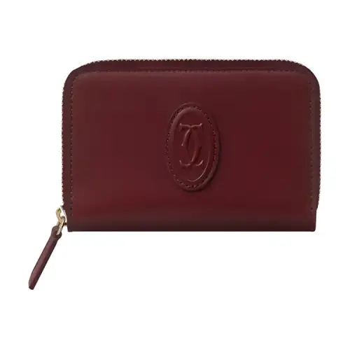 CARTIER Cow Leather Card Holder Women's Burgundy