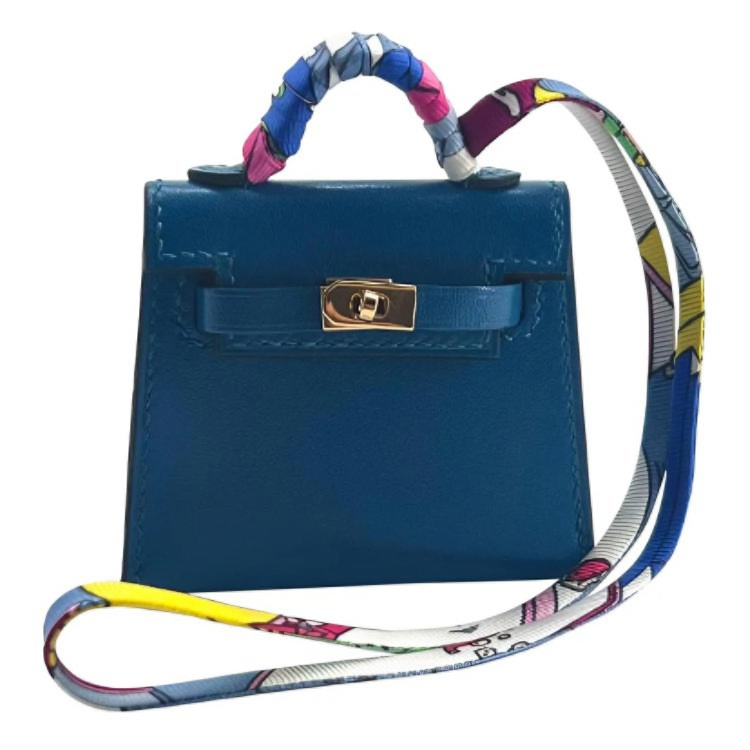 HERMES Kelly Twilly Gold tone Lock Tadlakt Leather With Silk Bag Charm Bag Merch Women's 7W Bleu Izmir Blue