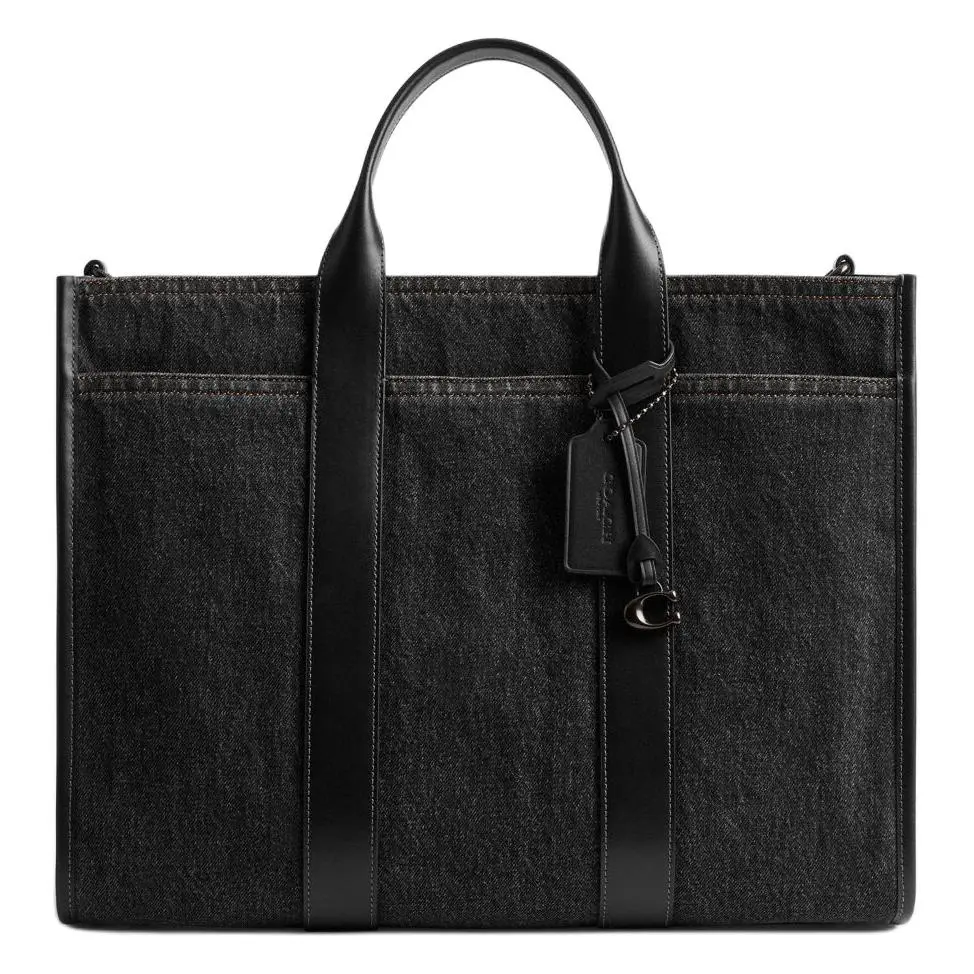 COACH Denim With Refined Calfskin Tote Bag, Shopping Bag, Shoulder Bag, Handbag Large Men's Washed Black