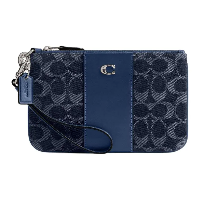 COACH Essential Denim With Refined Calfskin Leather Clutch Small Women's Dark Blue & Mixed Color