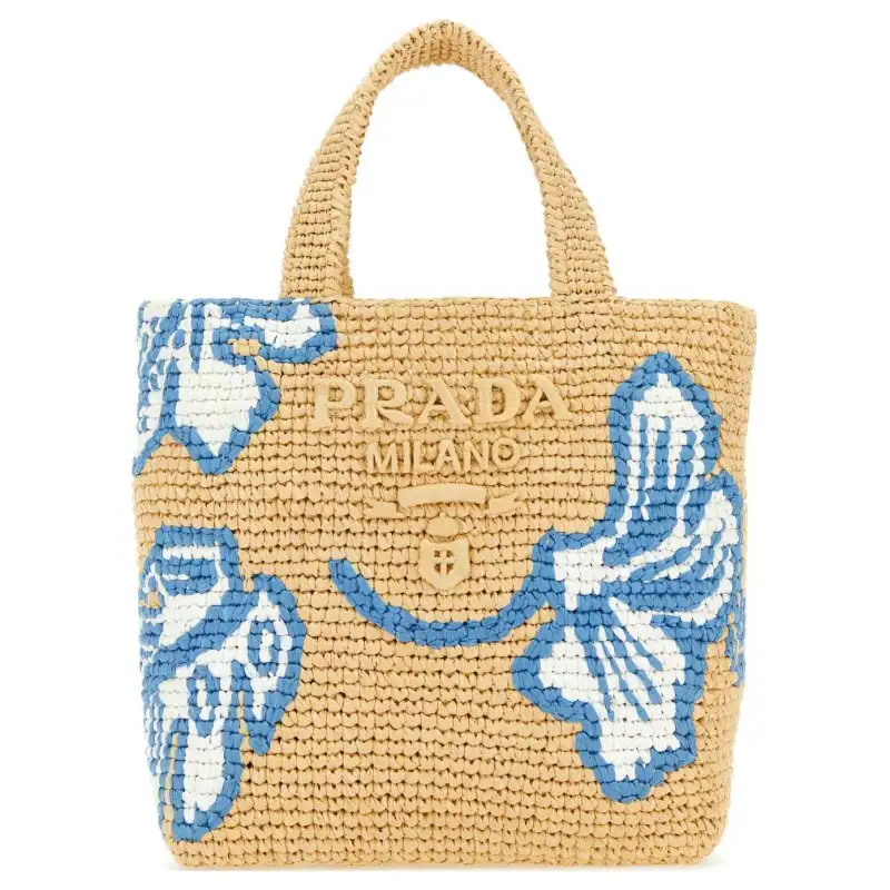 PRADA Raffia Tote Bag, Shopping Bag, Handbag Women's Khaki/Blue