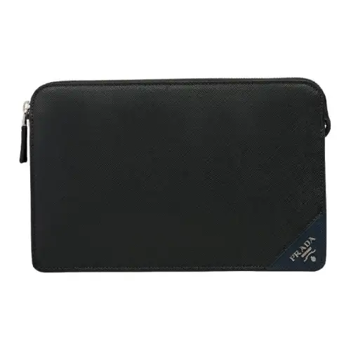 PRADA Saffiano Leather Clutch Men's Black/Baltic Sea Blue