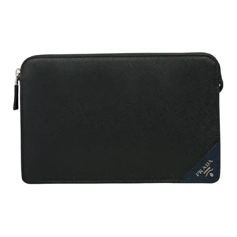 PRADA Saffiano Leather Clutch Men's Black/Baltic Sea Blue