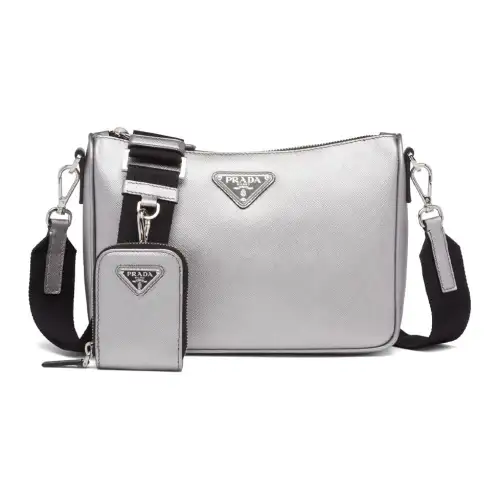 PRADA Saffiano Leather Shoulder Bag Men's Silver