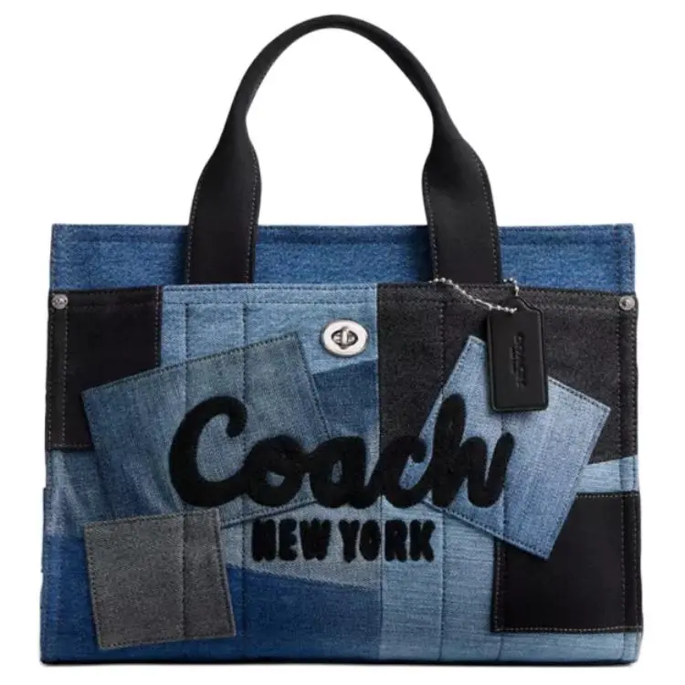 COACH Cargo Denim With Glove Tanned Leather Tote Bag, Shopping Bag, Handbag Large Women's Denim & Silver