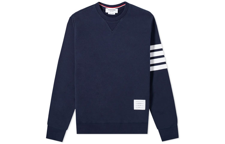 THOM BROWNE Classic navy blue sweatshirt with a round collar, American style