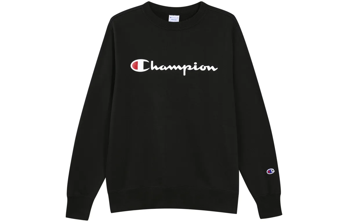 Champion Script Logo Fleece Lined Pullover Crew Neck Sweatshirt Japan Version Unisex Black