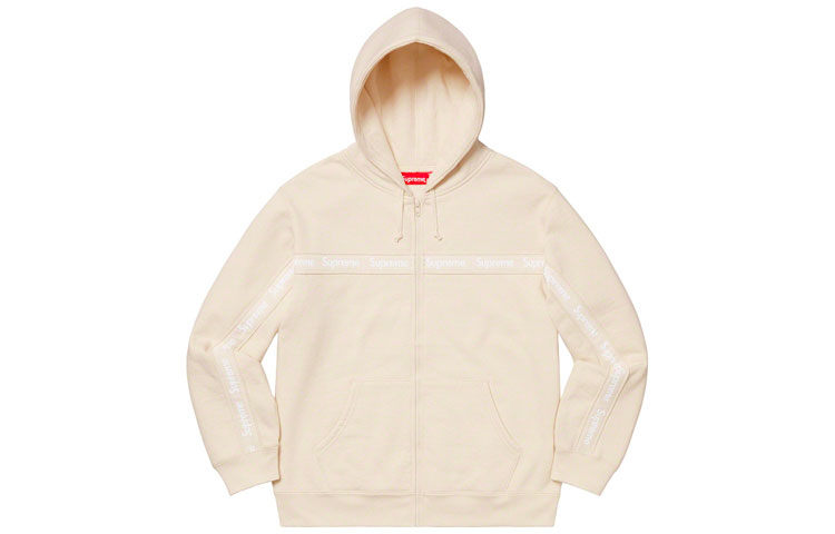 Supreme FW19 Week 9 Text Stripe Zip Up Hooded Sweatshirt Standard zipper hooded sweatshirt American trendy sweatshirt jacket for men and women, light khaki color