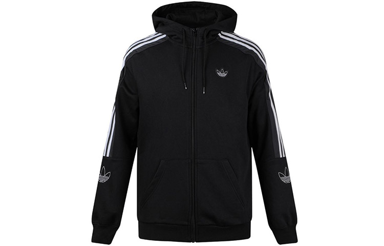 Adidas originals Clover Outline Fzh Flc Hooded Sports Zip Cardigan Jacket Striped Sweatshirt Men's Black