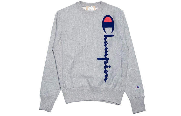 Champion Vertical Logo Fleece Lined Pullover Crew Neck Sweatshirt US Version Unisex Gray