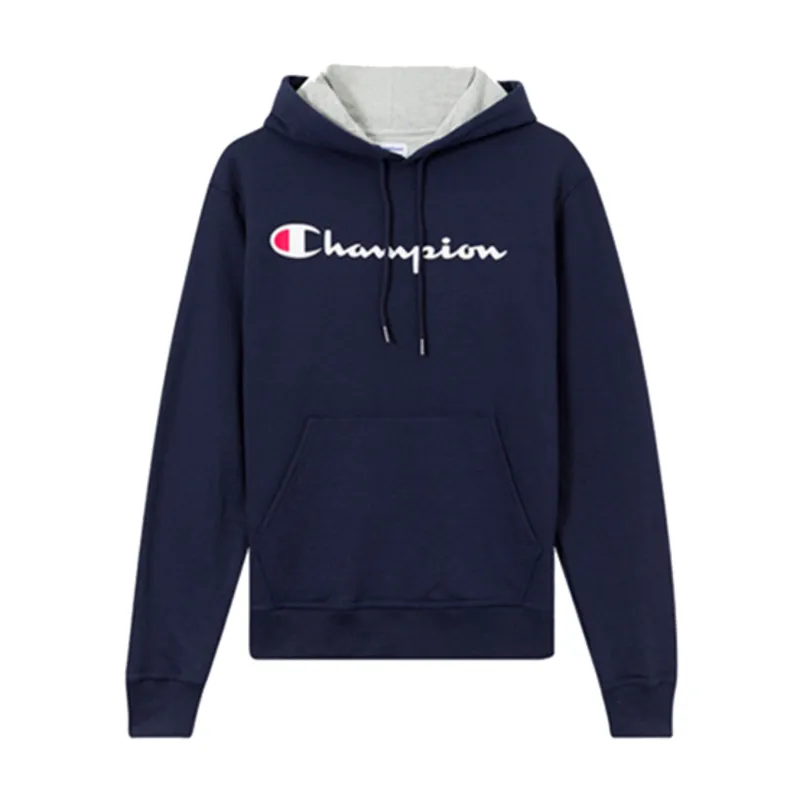 Champion Straw Written Hoodie Fleece Lined Pullover Sweatshirt US Version Unisex Navy Blue