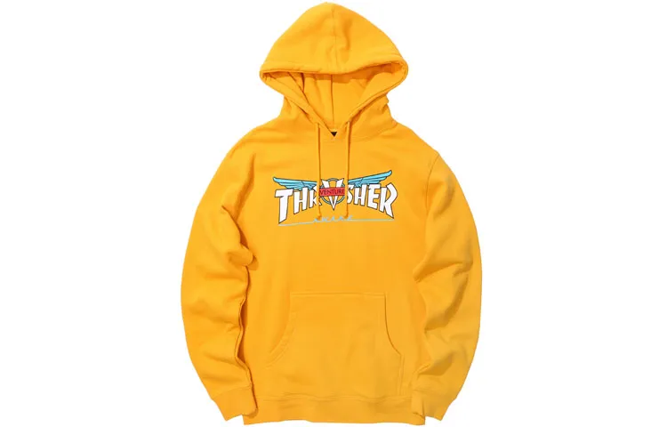 Thrasher Venture Letter V Wings Print Fleece Lined Hoodie Pullover Sweatshirt US Version Unisex Yellow
