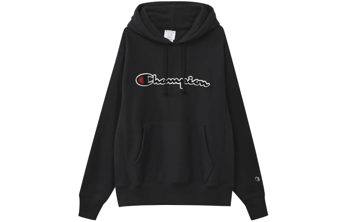 Champion Weave Grass Letter Fleece Lined Pullover Sweatshirt US Version Unisex Black