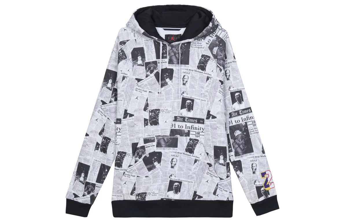 Jordan Rivals Hooded Casual Newspaper Pattern Fleece Lined Long Sleeved Sweatshirt Men's White