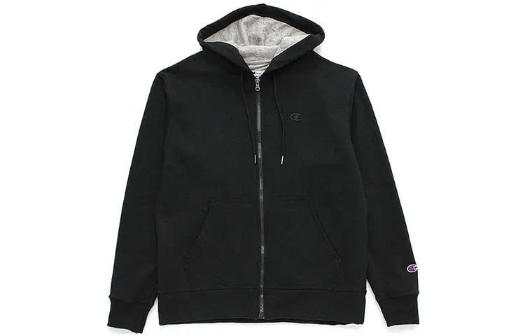 Champion Double Logo Zippers Hooded Fleece Lined Sweatshirt Unisex Black