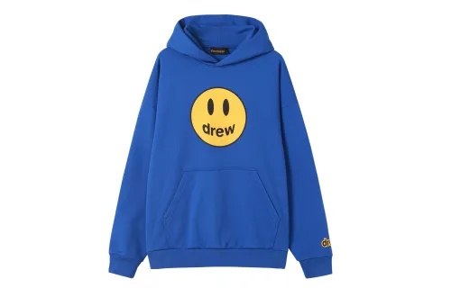 Drew House Smiley Collection Smiley Face Print Hooded Fleece Lined Pullover Sweatshirt Unisex Blue