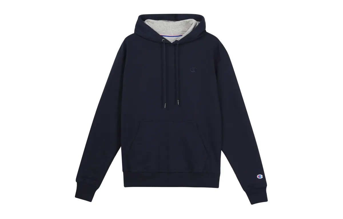 Champion Chest Cuff Double Logo Hooded Fleece Lined Pullover Sweatshirt US Version Unisex Navy Blue