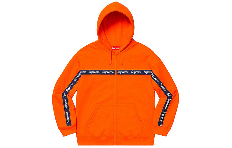 Supreme FW19 Week 9 Text Stripe Zip Up Hooded Sweatshirt Long Sleeve American Fashion Sweatshirt Uniform for Men and Women Bright Orange