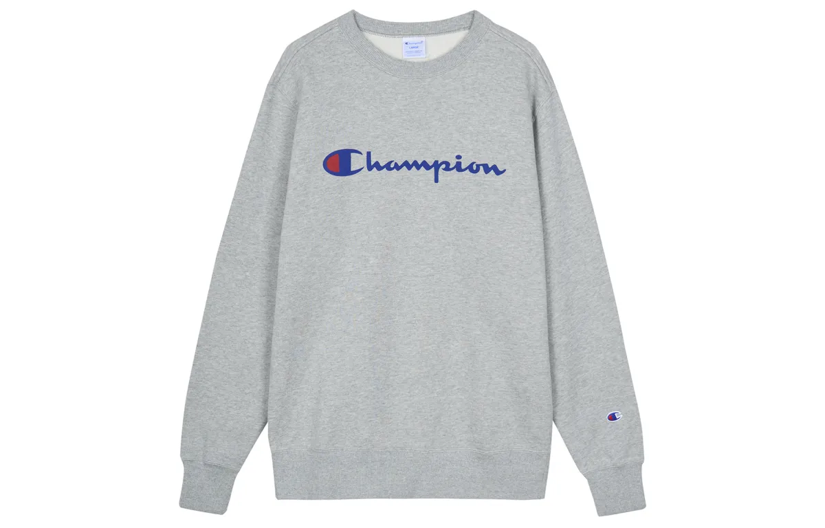 Champion Script Logo Fleece Lined Pullover Crew Neck Sweatshirt Japan Version Unisex Light Gray
