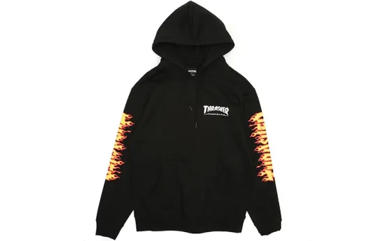 Thrasher Flame Print Fleece Hoodie With Long Sleeves Sweatshirt Japan Version Unisex Black Yellow Fire