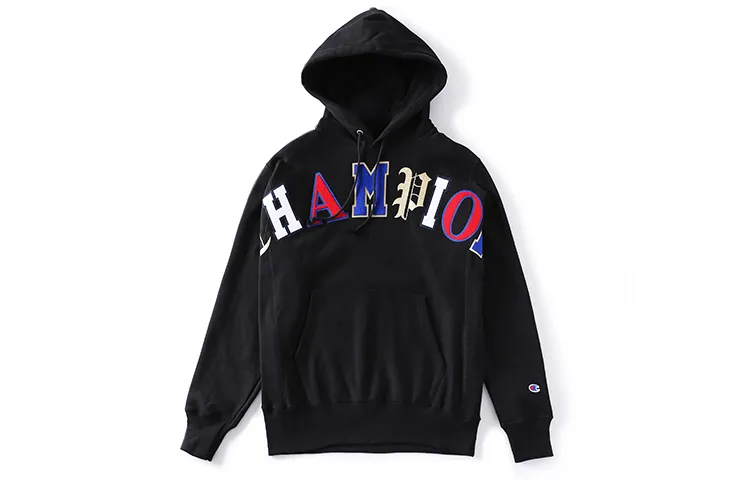 Champion High End Multicolor Logo Thickened And Fleece Lined Pullover Sweatshirt US Version Unisex Black