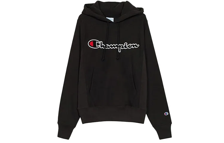 Champion Flock Grass Written Fleece Lined Hoodie Pullover Sweatshirt US Version Unisex Black